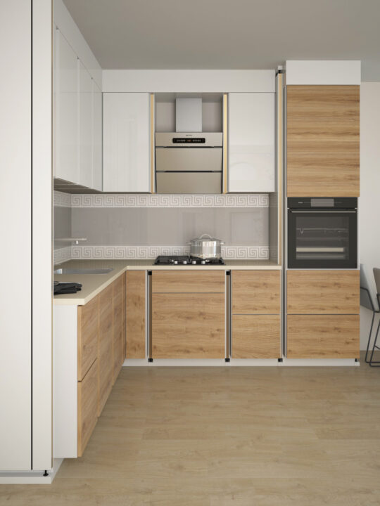 Мебель Legend конструктор Кухня угловая белая глянец+коричневая текстура и столешница